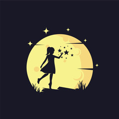 Kids Reaching Stars with Yellow Moon Background Logo Template