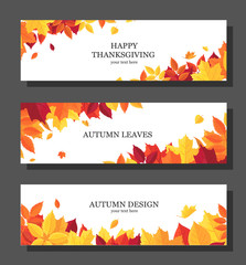 Set of three banners with colorful autumn leaves with seasonal text inscription Happy thanksgiving
