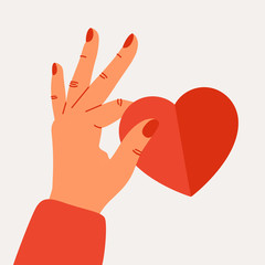 Valentines day concept with Female hand holds red valentine card of heart shape. Vector festive illustration