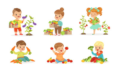 Little Kids Sitting on Garden-Bed Playing with Vegetables Vector Set