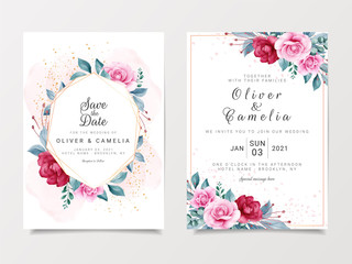 Fototapeta na wymiar Beautiful wedding invitation card template set with geometric floral frame and gold glitter. Roses and leaves botanic illustration for background, save the date, invitation, greeting card, poster