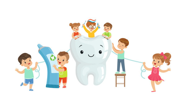 Little Kids Taking Care of Tooth Purity Brushing it With Toothbrush Vector Illustration