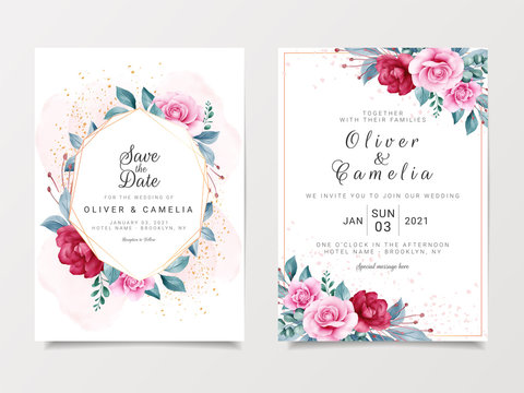 Beautiful wedding invitation card template set with geometric floral frame and gold glitter. Roses and leaves botanic illustration for background, save the date, invitation, greeting card, poster