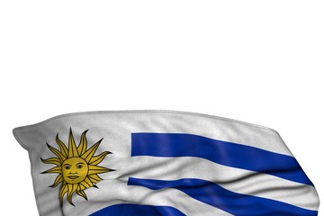 beautiful Uruguay flag with large folds lying in the bottom isolated on white - any celebration flag 3d illustration..
