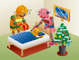 Obraz na płótnie Canvas メリークリスマス！ パパロボットとママロボットは子供ロボットにプレゼントを贈ります。