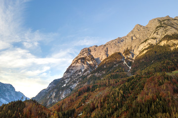 Aerial view of majestic european Alps mountains covered in evergreen pine forest in autumn.