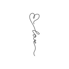 Love with heart hand lettering small tattoo, continuous line drawing, Valentine's Day, print for clothes, t-shirt, emblem or logo design, one single line on a white background, isolated vector