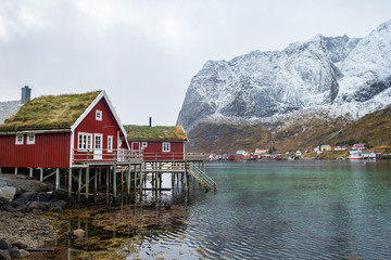 Naklejka premium winter scene of reine town in lofoten islands, norway