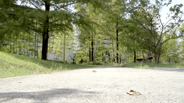 Man in a hat riding a bike through the park then stopping the front tire in front of the camera then getting off the bike and kicking the kickstand.