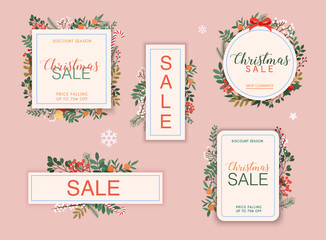 Christmas sale banner set. Discount season. Winter leafs on the background. Flat design modern vector illustration concept.