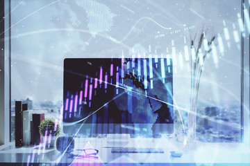 Forex Chart hologram on table with computer background. Double exposure. Concept of financial markets.