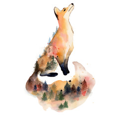 Watercolor fox with double exposure effect Animal illustration isolated on white background.