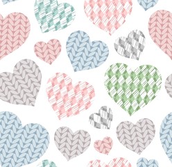 Knitted hearts, seamless pattern, white, vector. Colorful hearts on a white field. Simulation of knitted fabric.  
