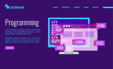 Programming Landing page design. PC with program code and icons java, html, css, html. Site development. Vector illustration on ultraviolet background.