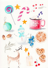 Watercolor set of illustrations on a christmas theme - snowman, candle, cookies, berries, deer, cup of cocoa, acorns and sweets