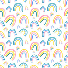 Childish style watercolor rainbow seamless pattern for kids wear. Hand drawn rainbow design for children fabric, wrapping, textile, wall. Trendy kids background.