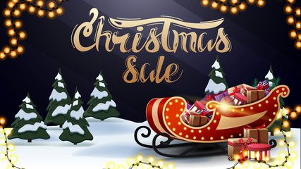 Christmas sale, beautiful dark and blue discount banner with gold lettering, cartoon winter forest and Santa Sleigh with presents