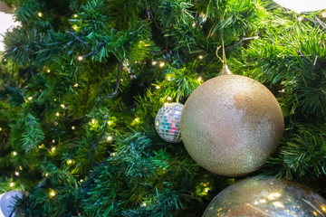 Christmas tree decorated with golden ball on pine branches background