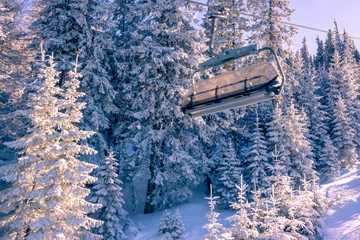 Empty Cabin of a Ski Lift against the Background of a Morning Snowy Forest
