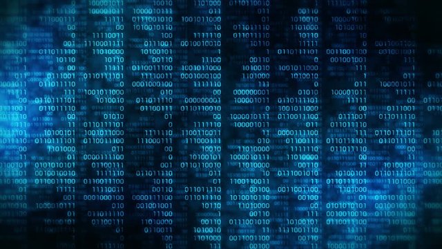 Binary code dark blue background. Web online streaming with digital technology loop animation. Number zero and one. Computer network.