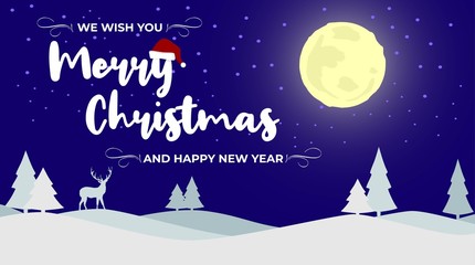 merry christmas greeting card banner with full moon, deer, tree, and santa hat vector for poster, invitation and flyer