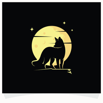 Fox Silhouette with Moon Background Logo Design Template