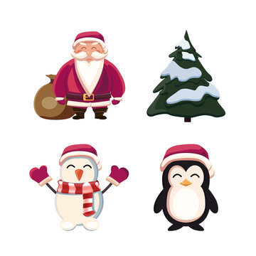 Santa Claus, Christmas tree, snowmen and penguin. Cartoon Christmas characters isolated on white background