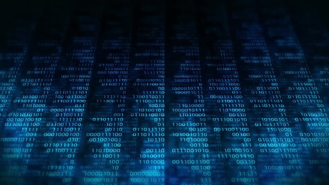 Binary code dark blue background. Web online streaming with digital technology loop animation. Number zero and one. Computer network.