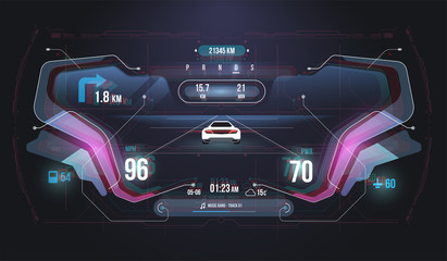 Speed hud kilometer performance indicators dashboard. Car Instrument Panel. Tachometer, Data Display and Navigation. Virtual graphical interface Ui HUD Autoscann. Virtual graphic.