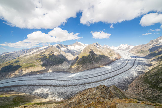 Majestic view to Aletsch glacier, the largest gracier in Alps and UNESCO herritage from Bettmeralp, Valais, Switzerland, Europe. The glacier reduction is very visible