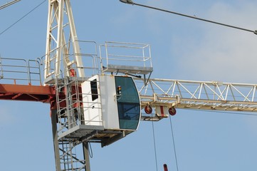 Construction crane operator cabin closeup on a highrise building construction site. Gosford. Australia.