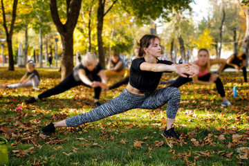 large group of people with trainer stretching on green grass in park