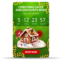 Christmas sales and discount week, green discount banner with countdown, garland, button and Christmas gingerbread house