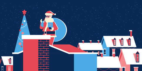 santa claus with sack standing on roof near chimney merry christmas happy new year winter holidays concept snowy village houses greeting card full length horizontal vector illustration