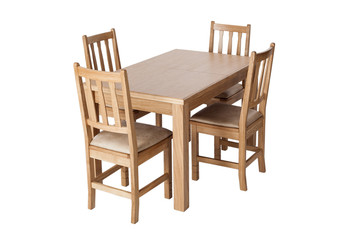 A set of kitchen furniture made of natural wood, a dining table and four chairs, isolated on the white background.