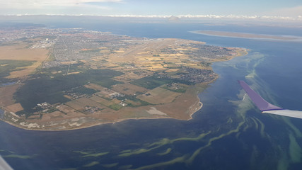Aerial view of Copenhagen from Plane Window. Denmark