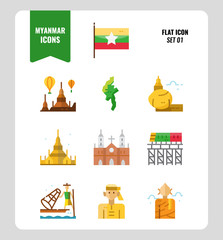 Myanmar icon set 1. Include flag, landmark, people, culture and more. Flat icons Design. vector