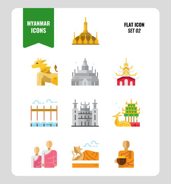 Myanmar icon set 2. Include landmark, people, culture and more. Flat icons Design. vector