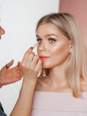 Make-up artist working in makeup studio, applying makeup on face of female blond model. Makeup artist brings eyes for Woman vertical backstage shot