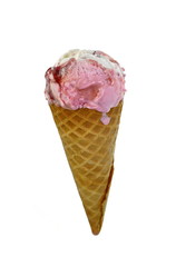 Strawberry ice cream in waffle cone isolated on white background.