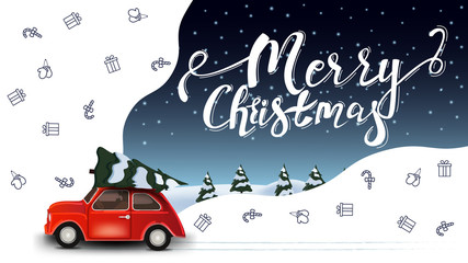 Merry Christmas, beautiful white and blue greeting postcard with red vintage car carrying Christmas tree and Christmas line icons, space imagination