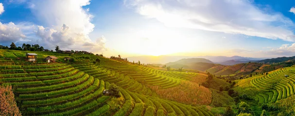 Printed kitchen splashbacks Rice fields Panorama Aerial View sunlight at twilight of Pa Bong Piang terraced rice fields, Mae Chaem, Chiang Mai Thailand. Mountain hills valley at morning in asian, Vietnam. Nature landscape background.