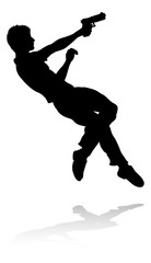 Silhouette person in an action movie film shoot out pose