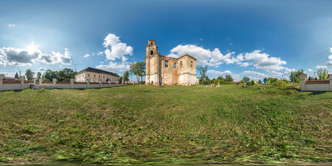 Full spherical seamless hdri panorama 360 degrees in yard of destroied abandoned catholic church in...