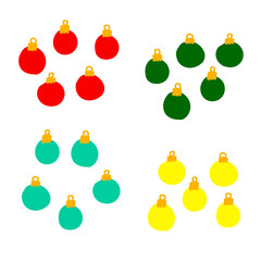 Set of Christmas colored balls isolated on a white background. Red, yellow, green, blue round decoration. Vector New Year illustration. Cute hand-drawn winter holidays symbol in Scandinavian style