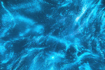 Abstract elegant, detailed blue glitter particles flow with shallow depth of field underwater. Holiday magic shimmering underwater space luxury background. Festive sparkles and lights. de-focused