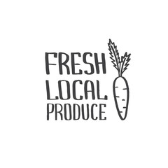 Fresh local produce -hand drawn lettering element with carrot  isolated on white background. Farm products label created in rough style. Vector illustration for banners, signboards, packaging, flayers