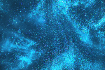 Abstract elegant, detailed blue glitter particles flow with shallow depth of field underwater. Holiday magic shimmering underwater space luxury background. Festive sparkles and lights. de-focused