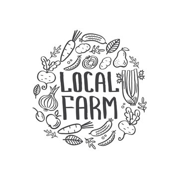 Local farm - handdrawn lettering isolated element with vegetables. Unique design for banners, signboards, packaging and invitations and web designs.