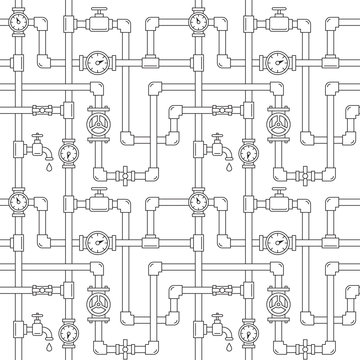 Seamless pattern with pipes, cranes and water meters. Linear monochrome illustration. White backdrop. Plumbing system vector illustration.